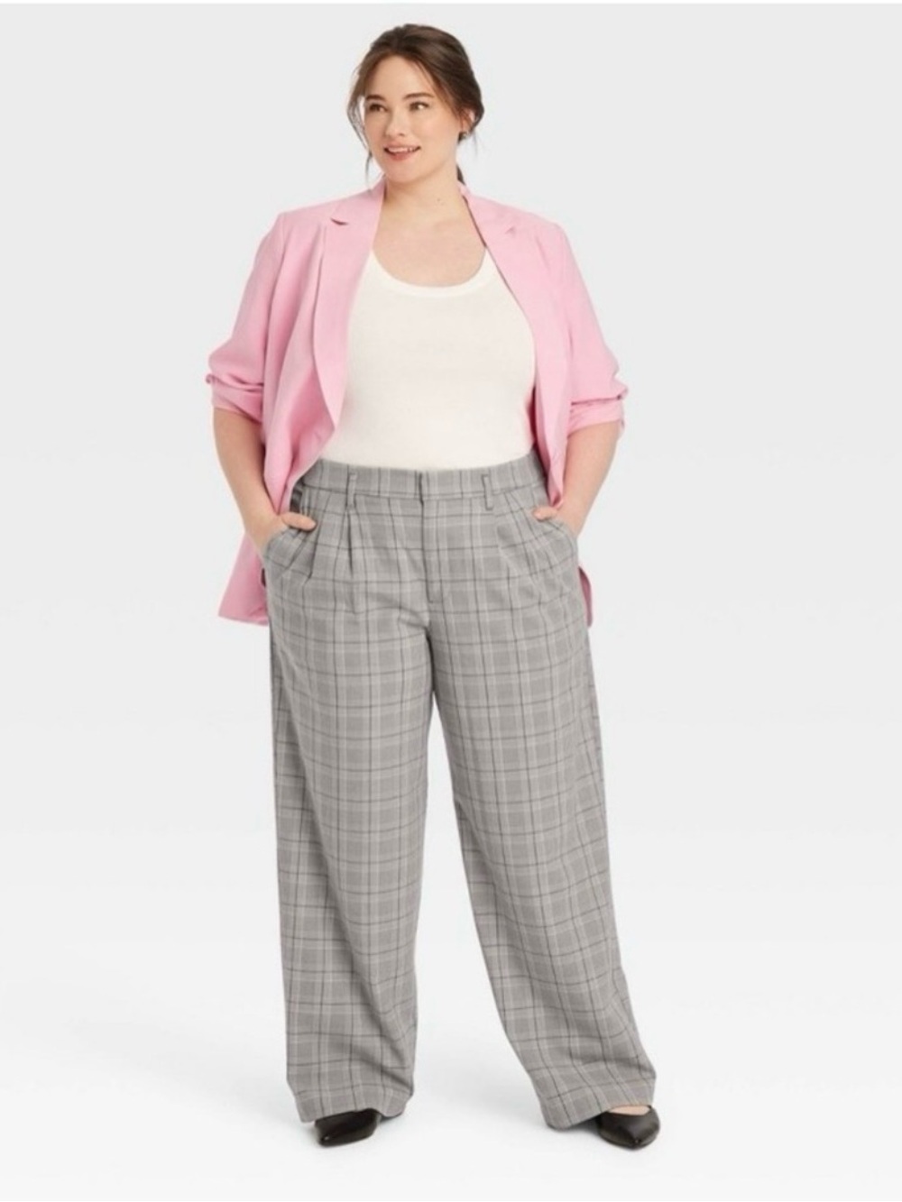 A New Day Grey Plaid Wide Leg Trousers Size 16
